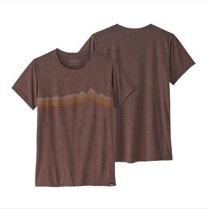 Patagonia Women's T-Shirt Size L Brown Short Sleeve Graphic Mountain Stripes Tee